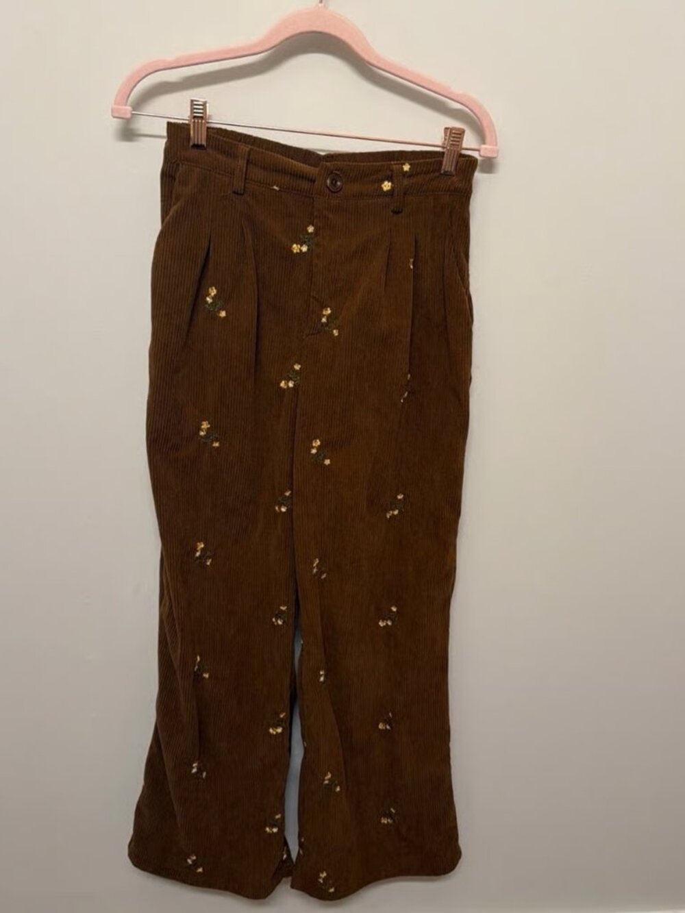 Brown Floral Embroidered Corduroy Pants